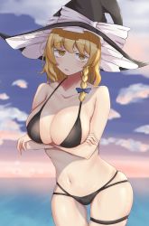 Rule 34 | 1girl, @ @, absurdres, alternate costume, arms under breasts, bags under eyes, bikini, black bikini, black hat, blonde hair, blue bow, blue sky, blush, bow, braid, breasts, cleavage, cloud, commentary request, cookie (touhou), cowboy shot, hair bow, hat, highres, horizon, ikikiksgiksg, kirisame marisa, large breasts, long hair, looking at viewer, mars (cookie), navel, open mouth, side braid, single braid, sky, solo, swimsuit, thigh gap, touhou, water, witch hat, yellow eyes