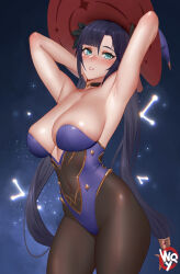Rule 34 | 1girl, armpits, arms behind head, arms up, artist logo, bare shoulders, black bow, black hair, black pantyhose, blue leotard, bow, breasts, choker, cleavage, commentary, covered navel, genshin impact, green eyes, hair bow, hair ornament, hat, highres, jewelry, large breasts, legs together, leotard, long hair, looking at viewer, mona (genshin impact), neck, necklace, pantyhose, solo, standing, strapless, strapless leotard, twintails, very long hair, w.q.y, witch, witch hat