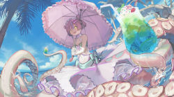 Rule 34 | 1girl, absurdres, beach, bikini, bikini skirt, blue bikini, blue sky, bow, cup, double bun, drinking glass, drinking straw, frilled skirt, frilled umbrella, frills, full body, hair bow, hair bun, hair ribbon, halterneck, highres, holding, holding cup, holding umbrella, horizontal pupils, kyo mizusawa, looking at viewer, monster girl, multicolored hair, open mouth, original, outdoors, over shoulder, palm tree, pink bikini, pink bow, pink hair, pink skirt, pink umbrella, purple hair, ribbon, scylla, short hair, skirt, sky, solo, streaked hair, suction cups, swimsuit, tentacles, tree, two-tone hair, umbrella, wine glass, yellow eyes