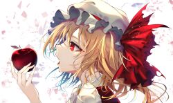 Rule 34 | 1girl, absurdres, apple, ascot, blonde hair, commentary request, eyelashes, fang, fingernails, flandre scarlet, food, from side, fruit, hat, highres, holding, holding food, holding fruit, mob cap, one side up, open mouth, portrait, red eyes, simple background, solo, touhou, white background, white hat, wing collar, yamanakaume, yellow ascot