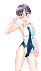 Rule 34 | 1girl, absurdres, black eyes, black hair, breasts, collarbone, commentary request, competition swimsuit, contrapposto, covered navel, glasses, grin, highres, one-piece swimsuit, original, short hair, simple background, small breasts, smile, solo, swimsuit, takafumi, two-tone swimsuit, v over eye, white background