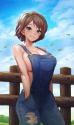 Rule 34 | 1girl, bare shoulders, blue eyes, blush, breasts, brown hair, cleavage, cloud, denim, grin, hands in pockets, highres, jagaimo (kkamja), jung yujin (jagaimo (kkamja)), large breasts, looking at viewer, mole, mole under eye, naked overalls, original, outdoors, overalls, parted lips, seductive smile, short hair, sideboob, sky, smile, solo, standing, torn clothes