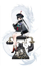 Rule 34 | 1girl, absurdres, antique phone, black footwear, black hair, black hat, black shirt, black shorts, bug, butterfly, chinese clothes, dragon, eastern dragon, full body, fur trim, ginxiee, gradient clothes, gradient legwear, green eyes, hair ornament, hairclip, hand up, hat, highres, insect, jade (gemstone), jewelry, long hair, long sleeves, looking at viewer, mole, mole under eye, original, oversized object, phone, ponytail, qingdai guanmao, red socks, ring, rotary phone, shirt, shorts, sidelocks, simple background, sitting, sitting on object, smile, smoke, socks, solo, tassel, very long hair, white background, white butterfly, wide sleeves