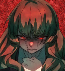 Rule 34 | 1girl, aluce, angry, bad id, bad pixiv id, blonde hair, blush, clenched hand, clenched teeth, clutching clothes, crying, hands up, highres, leviathan (umineko), long hair, nose blush, red background, red eyes, shirt, solo, streaming tears, tears, teeth, umineko no naku koro ni