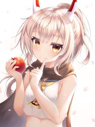 Rule 34 | 1girl, apple, ayanami (azur lane), azur lane, bare shoulders, blush, breasts, brown eyes, closed mouth, food, fruit, hair between eyes, hair ornament, headgear, high ponytail, highres, ichizon, light brown hair, long hair, looking at viewer, medium breasts, ponytail, sailor collar, school uniform, shirt, sidelocks, simple background, small breasts, smile, solo, white background