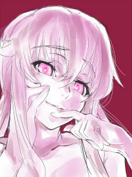 Rule 34 | 1girl, bad id, bad pixiv id, bare shoulders, collarbone, dodai shouji, female focus, gasai yuno, hair between eyes, hand on own face, hands on own cheeks, hands on own face, jpeg artifacts, lips, long hair, looking at viewer, mirai nikki, monochrome, pink eyes, pink hair, portrait, simple background, smile, solo, topless frame, yandere trance