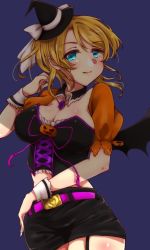 Rule 34 | 1girl, artist name, artist request, ayase eli, bare shoulders, bat wings, belt, black choker, black detached collar, black dress, black hat, black pants, black shorts, black wings, blonde hair, blue background, blue eyes, blush, bow, breasts, choker, cleavage, collarbone, crescent moon symbol, cross-laced clothes, cross-laced dress, detached collar, diamond (gemstone), dress, female focus, floating hair, frilled dress, frilled shorts, frills, hair between eyes, hair bow, hair ornament, hair scrunchie, half-closed eyes, halloween, hat, high ponytail, jewelry, long hair, looking at viewer, love live!, love live! school idol festival, love live! school idol project, medium breasts, midriff, mini hat, moon print, navel, necklace, pants, parted lips, pink belt, pink ribbon, pink scrunchie, ponytail, puffy short sleeves, puffy sleeves, pumpkin print, ribbon, scrunchie, short hair, short sleeves, shorts, smile, solo, which hat, white bow, white wrist cuffs, wing collar, wings, wrist cuffs