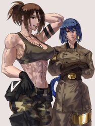 Rule 34 | 2girls, abs, blue eyes, blue hair, brown eyes, brown hair, buckle, cosplay, costume switch, earrings, highres, jewelry, leona heidern, looking at viewer, military uniform, multiple girls, muscular, muscular female, ponytail, shirt, short hair, syachiiro, t-shirt, the king of fighters, uniform, whip, whip (kof)