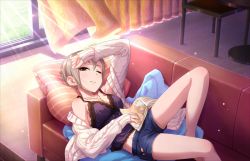 Rule 34 | 10s, 1girl, barefoot, blanket, cardigan, chair, couch, curtains, denim, denim shorts, idolmaster, idolmaster cinderella girls, idolmaster cinderella girls starlight stage, indoors, jewelry, lying, messy hair, necklace, off shoulder, official art, one eye closed, pillow, purple shirt, shiomi syuko, shirt, short hair, short shorts, shorts, silver hair, sliding doors, solo, sunlight, table, thighs, wind