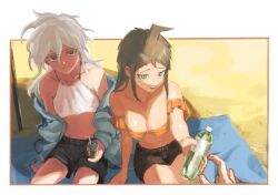 2girls ahoge bare_shoulders beach black_shorts bottle breasts cleavage closed_mouth danganronpa_(series) danganronpa_2:_goodbye_despair detached_sleeves flat_chest genderswap genderswap_(mtf) grey_hair grey_jacket hinata_hajime holding holding_bottle jacket komaeda_nagito large_breasts long_hair long_sleeves multiple_girls navel outdoors outside_border shiny_skin shorts sitting tftf649e