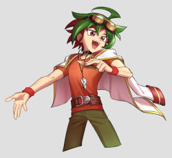 Rule 34 | :d, ahoge, belt, brown hair, card, character request, collar, commentary request, dyed bangs, green hair, green pants, grey background, hair between eyes, holding, holding card, jacket, jacket on shoulders, jewelry, koma yoichi, multicolored hair, necklace, open mouth, orange shirt, pants, shirt, smile, solo, t-shirt, teeth, tongue, two-tone hair, upper teeth only, wristband, yu-gi-oh!, yu-gi-oh! arc-v