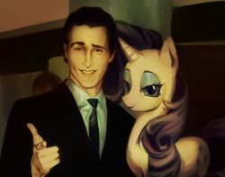 Rule 34 | 1girl, 2boys, black eyes, black hair, black jacket, black necktie, black suit, blue eyes, blue eyeshadow, business suit, christian bale, collared shirt, cutie mark, eyeshadow, formal, highres, horns, jacket, kweri pepsi, looking at viewer, makeup, multiple boys, my little pony, my little pony: friendship is magic, necktie, photo-referenced, pointing, pony (animal), rarity (my little pony), real life, shirt, single horn, suit, suit jacket, unicorn