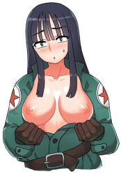 Rule 34 | 1girl, belt, black hair, blush, breasts, breasts out, dragon ball, embarrassed, female focus, gloves, green eyes, large breasts, long hair, mai (dragon ball), nipples, no bra, open clothes, simple background, solo, sweatdrop, uniform, upper body, white background