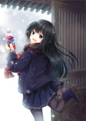 Rule 34 | 1girl, :d, black hair, black pantyhose, blue eyes, blush, boots, bottle, coat, from behind, gloves, long hair, looking back, nao (mikkii), niichi (komorebi-palette), open mouth, original, pantyhose, rubber boots, scarf, school uniform, skirt, smile, snow, snowing, solo