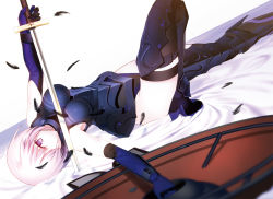 Rule 34 | 1girl, armor, armored dress, bed sheet, black leotard, black thighhighs, boots, dutch angle, expressionless, fate/grand order, fate (series), feathers, hair over one eye, high heel boots, high heels, holding, holding shield, holding sword, holding weapon, impossible clothes, knee up, leotard, looking at viewer, lying, machimura komori, mash kyrielight, on back, purple eyes, purple hair, shield, short hair, solo, sword, thighhighs, thighs, weapon