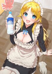 Rule 34 | 1girl, ahoge, alternate costume, apron, blonde hair, blue eyes, bottle, breasts, cleavage cutout, clothing cutout, enmaided, from above, gloves, unworn gloves, hachimiya meguru, hair flaps, highres, idolmaster, idolmaster shiny colors, indoors, kaiso (kaisooekaki), large breasts, long hair, long sleeves, looking at viewer, maid, maid headdress, neck ribbon, octopus, open mouth, ribbon, sitting, smile, sparkle, swept bangs, tareme, thighhighs, water bottle, white thighhighs