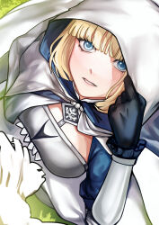 Rule 34 | 1girl, absurdres, adjusting hood, black gloves, blonde hair, blue eyes, breasts, brown dust 2, chest armor, cloak, dress, eyebrows hidden by hair, gloves, hair between eyes, highres, hood, hooded cloak, jewelry, jounji, justia (brown dust), light blush, looking at viewer, looking up, medium breasts, necklace, on grass, open mouth, pearl necklace, short hair, solo, vambraces, white cloak, white dress