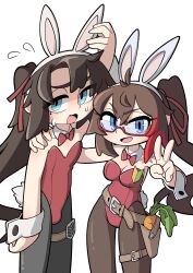 Rule 34 | 1boy, 1girl, absurdres, ahoge, animal ears, arm around shoulder, arm up, armedrabbit, black pantyhose, blue eyes, bow, bowtie, breasts, brown hair, brown pantyhose, carrot, cleavage, commander (girls&#039; frontline), commission, detached collar, fake animal ears, fake tail, female commander (girls&#039; frontline), flying sweatdrops, girls&#039; frontline, glasses, griffin &amp; kryuger, hair between eyes, hands up, highres, holster, large breasts, leotard, long hair, looking at viewer, mole, mole under eye, non-web source, open mouth, pantyhose, playboy bunny, ponytail, rabbit ears, rabbit tail, red-framed eyewear, red bow, red bowtie, red leotard, red ribbon, ribbon, scar, second-party source, semi-rimless eyewear, sidelocks, simple background, sweat, tail, thigh holster, thigh strap, trap, v, very long hair, white background, wrist cuffs