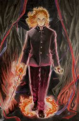 Rule 34 | 1boy, arms at sides, black footwear, black jacket, black pants, blonde hair, ceiling, closed mouth, colored tips, curtains, fire, flaming sword, flaming weapon, floating hair, forked eyebrows, full body, gakuran, hallway, highres, holding, holding sheath, holding sword, holding weapon, indoors, jacket, katana, kimetsu no yaiba, looking at viewer, male focus, marker (medium), medium hair, multicolored hair, night, pants, purple ribbon, red hair, red ribbon, rengoku kyoujurou, ribbon, scabbard, school uniform, sheath, shoes, solo, ssd-sam, standing, streaked hair, sword, traditional media, unsheathed, weapon