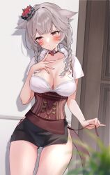 Rule 34 | 1girl, animal ears, black choker, blush, braid, breasts, brown corset, cat ears, cat girl, cat tail, choker, cleavage, corset, crown, elezen, elf, facial mark, final fantasy, final fantasy xiv, grey hair, hair ornament, highres, hyur, indoors, large breasts, long hair, looking at viewer, miqo&#039;te, pointy ears, red eyes, shirt, side slit, solo, suzumori (su2525), tail, warrior of light (ff14), white shirt, yellow tail