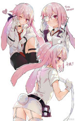 Rule 34 | 1boy, alternate costume, animal ears, ansel (arknights), arknights, belt, bespectacled, black belt, black collar, black shorts, blush, chinese text, collar, collared shirt, crossdressing, floppy ears, garter straps, glasses, gloves, heart, highres, infection monitor (arknights), long sleeves, looking at viewer, male focus, medium hair, necktie, one eye closed, open mouth, pink eyes, pink hair, rabbit boy, rabbit ears, rabbit tail, red necktie, shirt, shorts, simple background, smile, solo, tail, thighhighs, white background, white gloves, white shirt, white thighhighs, wumumu