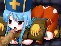 Rule 34 | 1boy, 1girl, ass, bdsm, blue hair, blush, bodysuit, bondage, boots, bound, bound feet, censored, chunsoft, dragon quest, dragon quest iii, enix, gloves, hat, imminent fellatio, latex, long hair, nipples, open mouth, penis, pillory, priest (dq3), red eyes, stocks, sweat, tears, tongue, torn clothes, trubka
