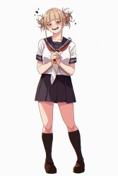Rule 34 | 1girl, alternate costume, artist name, bags under eyes, black sailor collar, black skirt, black socks, blonde hair, blunt bangs, blush, boku no hero academia, breasts, brown footwear, commentary request, constricted pupils, double bun, eyelashes, fangs, full body, hair bun, hair up, hands on own chest, head tilt, heart, highres, holding, holding knife, holding weapon, kitchen knife, kneehighs, knife, korean commentary, loafers, looking at viewer, medium breasts, messy hair, mixed-language commentary, narrowed eyes, neckerchief, own hands together, parted lips, pleated skirt, red neckerchief, romaji commentary, sailor collar, school uniform, serafuku, shirt, shoes, short sleeves, sidelocks, signature, simple background, skirt, smile, socks, solo, standing, teeth, toga himiko, tsuchu (opyatetalali), two-handed, w arms, weapon, white background, white shirt, yandere, yellow eyes