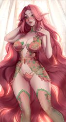 Rule 34 | 1girl, absurdres, blush, breasts, curtains, fingernails, floral dress, floral print, flower, gem, gluteal fold, green eyes, hand in own hair, highres, large breasts, leaf, long hair, looking at viewer, maewix, maewix (artist), mole, mole under eye, mole under mouth, navel, original, pointy ears, red hair, see-through, see-through legwear, smile, solo, thighhighs, underwear, very long hair, window