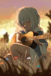 Rule 34 | 1girl, acoustic guitar, blue hair, blue hoodie, closed eyes, gawr gura, gawr gura (1st costume), grey hair, guitar, hair ornament, highres, hololive, hololive english, hood, hoodie, instrument, medium hair, multicolored hair, open mouth, playing guitar, shark hair ornament, shin5 art, sidelocks, smile, solo, streaked hair, two side up, virtual youtuber
