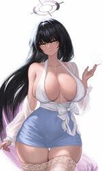Rule 34 | 1girl, absurdres, alternate costume, alternate hairstyle, black hair, blue archive, blue skirt, breasts, cigarette, cleavage, collarbone, gradient hair, halo, highres, holding, holding cigarette, huge breasts, karin (blue archive), long hair, looking at viewer, miniskirt, multicolored hair, purple hair, skirt, smoking, solo, straight hair, thick thighs, thighhighs, thighs, very long hair, white thighhighs, wjy1347193