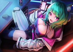 Rule 34 | 1girl, absurdres, animal ear fluff, animal ears, breasts, cat ears, character request, commission, copyright request, cyborg, energy drink, fang, gloves, green hair, hakusyokuto, halterneck, highres, large breasts, long sleeves, looking at viewer, mechanical legs, medium hair, open mouth, pink eyes, prosthesis, single mechanical leg, sitting, skeb commission, white gloves