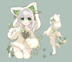 Rule 34 | 1girl, alternate costume, animal hands, animal hood, cat hood, fake tail, genshin impact, gloves, gradient hair, green eyes, green hair, grey hair, hood, long hair, looking at viewer, multicolored hair, multiple views, nahida (genshin impact), paw gloves, paw print, plant, pointy ears, simple background, smile, standing, standing on one leg, symbol-shaped pupils, tail, thighhighs, toro astro, vines, white hood, white thighhighs