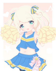 Rule 34 | 1girl, ahoge, armpits, belly, blonde hair, blue shirt, blue skirt, blush, bow, cheerleader, collarbone, commentary, flat chest, green eyes, hair bow, hair flaps, hands up, heart, highres, holding, holding pom poms, hosizora mikoto, idolmaster, idolmaster cinderella girls, idolmaster cinderella girls u149, looking at viewer, medium hair, musical note, navel, open mouth, pink background, pleated skirt, pom pom (cheerleading), pom poms, shirt, skirt, smile, solo, star (symbol), tank top, twintails, yusa kozue