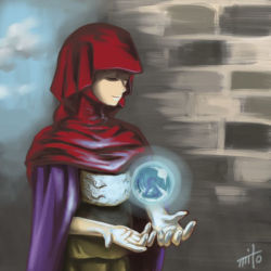 Rule 34 | 1girl, artist request, brick wall, character request, cloak, crystal ball, closed eyes, female focus, from software, hood, king&#039;s field, lowres, meryl, smile, solo, source request, standing