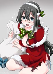 Rule 34 | 10s, 1girl, bad id, bad pixiv id, black hair, blue eyes, blue panties, blush, box, breasts, christmas, cleavage, gift, gift box, glasses, hairband, kantai collection, long hair, looking at viewer, mitsu (nonoko05), ooyodo (kancolle), open mouth, panties, ribbon, sack, santa costume, side-tie panties, sitting, solo, striped ribbon, torn clothes, underwear