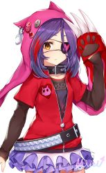 Rule 34 | 1girl, animal hood, arm up, badge, belt, belt buckle, black belt, black cola, brown eyes, brown shirt, buckle, button badge, chain, claws, closed mouth, commentary request, crescent, eyepatch, fang, fang out, hayasaka mirei, heart, heart-shaped pupils, heart eyepatch, highres, hood, idolmaster, idolmaster cinderella girls, jacket, layered skirt, layered sleeves, long hair, long sleeves, looking at viewer, multicolored hair, pleated skirt, purple hair, purple skirt, red hair, red jacket, shirt, short over long sleeves, short sleeves, signature, simple background, skirt, solo, star (symbol), streaked hair, studded belt, symbol-shaped pupils, white background