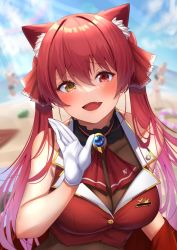 Rule 34 | 1girl, animal ear fluff, animal ears, ascot, bare arms, bare shoulders, beach, blurry, blurry background, blush, bodystocking, breasts, cat ears, cleavage, cropped jacket, crowd, day, extra ears, fang, gloves, hair between eyes, hair ribbon, highres, hololive, houshou marine, jacket, large breasts, long hair, menmen (menmen13s), open mouth, outdoors, red ascot, red eyes, red hair, red jacket, red ribbon, ribbon, see-through, see-through cleavage, skin fang, sleeveless, sleeveless jacket, solo focus, twintails, upper body, virtual youtuber, white gloves, yellow eyes
