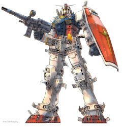 Rule 34 | bad id, bad pixiv id, beam rifle, energy gun, finger on trigger, full body, gun, gundam, holding, holding gun, holding shield, holding weapon, legs apart, machinery, mobile suit, mobile suit gundam, no humans, rx-78-2, science fiction, shield, simple background, solo, standing, v-fin, weapon, white background, yamada yuuji, yellow eyes