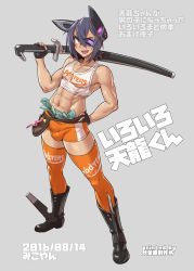 Rule 34 | 1boy, bad id, bad pixiv id, belt, black footwear, black gloves, boots, bulge, commentary request, condom, condom wrapper, eyepatch, full body, genderswap, genderswap (ftm), gloves, grey background, hair between eyes, headgear, holding, holding sword, holding weapon, hooters, kantai collection, knee boots, male focus, mikoyan, money, tucked money, muscular, navel, orange thighhighs, over shoulder, parody, partially fingerless gloves, purple hair, sheath, sheathed, short hair, simple background, solo, standing, stomach, sword, tenryuu (kancolle), thighhighs, weapon, yellow eyes