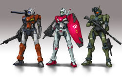 Rule 34 | brown background, gm (mobile suit), gm cannon, gm sniper, gun, gundam, gundam msv, highres, holding, holding gun, holding shield, holding weapon, inata wataru, mecha, mobile suit, mobile suit gundam, no humans, redesign, rifle, robot, scope, shadow, shield, shoulder cannon, sniper rifle, variations, visor, weapon