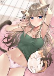 Rule 34 | 1girl, akino ell, animal, animal ears, arm strap, arm up, armpits, breasts, brown hair, camisole, cat, cat ears, cat girl, cat tail, cleavage, collarbone, crop top, green shirt, groin, hair ornament, hairclip, hand up, highres, large breasts, long hair, looking at viewer, lying, nail polish, navel, no pants, on back, original, panties, shirt, sleeveless, sleeveless shirt, solo, spaghetti strap, stomach, strap slip, tail, thighs, underwear, underwear only, white panties