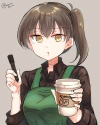 Rule 34 | 1girl, apron, black shirt, brown eyes, brown hair, collared shirt, commentary request, green apron, grey background, highres, holding, holding marker, kaga (kancolle), kantai collection, long hair, looking at viewer, marker, matsunaga (haku), shirt, side ponytail, simple background, solo, starbucks, tumbler, twitter username, upper body