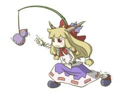 Rule 34 | 1girl, blue skirt, blush, bottle, bow, bowtie, female focus, fishing rod, gourd, hair bow, horns, ibuki suika, long hair, low-tied long hair, oni, outstretched arm, peconica, red bow, red bowtie, red eyes, skirt, solo, touhou, very long hair