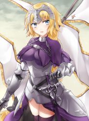 Rule 34 | 1girl, armor, armored dress, blonde hair, blue eyes, blush, braid, breasts, capelet, chain, cowboy shot, fate (series), faulds, flag, gauntlets, headpiece, hsiao, jeanne d&#039;arc (fate), jeanne d&#039;arc (ruler) (fate), large breasts, long hair, looking at viewer, parted lips, single braid, smile, solo, very long hair