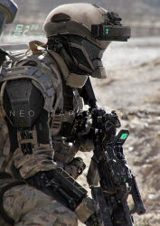 Rule 34 | 1boy, assault rifle, barcode, bodysuit, camouflage, cyborg, english text, gun, heads-up display, helmet, highres, johnson ting, kneeling, load bearing vest, male focus, military, neo japan 2022, neo japan 2202, original, realistic, rifle, science fiction, solo, weapon