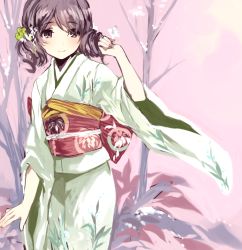 Rule 34 | 1girl, blush, brown eyes, brown hair, bug, butterfly, drill hair, flat chest, floral print, flower, hair flower, hair ornament, bug, japanese clothes, kimono, light smile, obi, original, pink background, sash, solo, standing, tan (tangent), twin drills, wide sleeves, wind