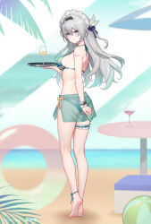 Rule 34 | 1girl, alternate costume, aqua bikini, aqua sarong, ass, barefoot, beach, bikini, blush, breasts, card, closed mouth, commentary request, cup, drinking glass, feet, firefly (honkai: star rail), frilled wristband, full body, grey hair, hair ornament, highres, holding, holding card, holding tray, honkai: star rail, honkai (series), kneepits, long hair, looking at viewer, maid headdress, medium breasts, purple eyes, sarong, see-through sarong, soles, solo, standing, swimsuit, thigh strap, thighs, tray, white headdress, yunkaiming