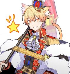 Rule 34 | 1boy, absurdres, animal ears, ascot, black cape, blonde hair, brooch, buttons, cape, cat boy, cat ears, cat tail, crown, epaulettes, flag, fur-trimmed cape, fur trim, highres, holding, holding flag, hoshi-toge, jacket, jewelry, kemonomimi mode, looking at viewer, male focus, off shoulder, project sekai, smile, solo, star (symbol), tail, tenma tsukasa, upper body, white ascot, white background, white jacket, wonder magical showtime! (project sekai), yellow eyes, yellow gemstone