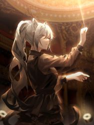 Rule 34 | 1girl, absurdres, ambience synesthesia, animal ears, arknights, black dress, blurry, cat ears, cat girl, cat tail, conductor, depth of field, dress, from side, grey hair, hair ornament, hands up, highres, holding, holding wand, indoors, long hair, long sleeves, official alternate costume, parted lips, ponytail, ryat, schwarz (arknights), see-through, see-through sleeves, solo, tail, wand, yellow eyes