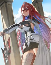 Rule 34 | 1girl, absurdres, ahoge, belt, blue hair, blue sky, breasts, closed mouth, colored inner hair, commentary, dress, elizabeth rose bloodflame, elizabeth rose bloodflame (1st costume), english commentary, eyelashes, from below, gloves, greatsword, hair between eyes, highres, holding, holding sword, holding weapon, hololive, hololive english, huge ahoge, large breasts, long hair, looking at viewer, multicolored hair, outdoors, pillar, red eyes, red hair, sideboob, sky, solo, standing, sword, thighhighs, tuturubanan, very long hair, virtual youtuber, weapon, white belt, white dress, white thighhighs, zettai ryouiki